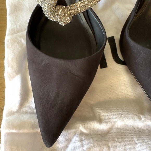 Schutz Pearl Glam Heel Diamonte Embellished Black Suede Point Toe Mule-Size 8B - Picture 5 of 15